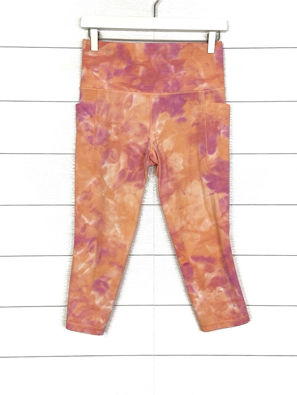 ATHLETA Salutation Stash Pocket II Capri Legging Orange Pink Stripe Medium